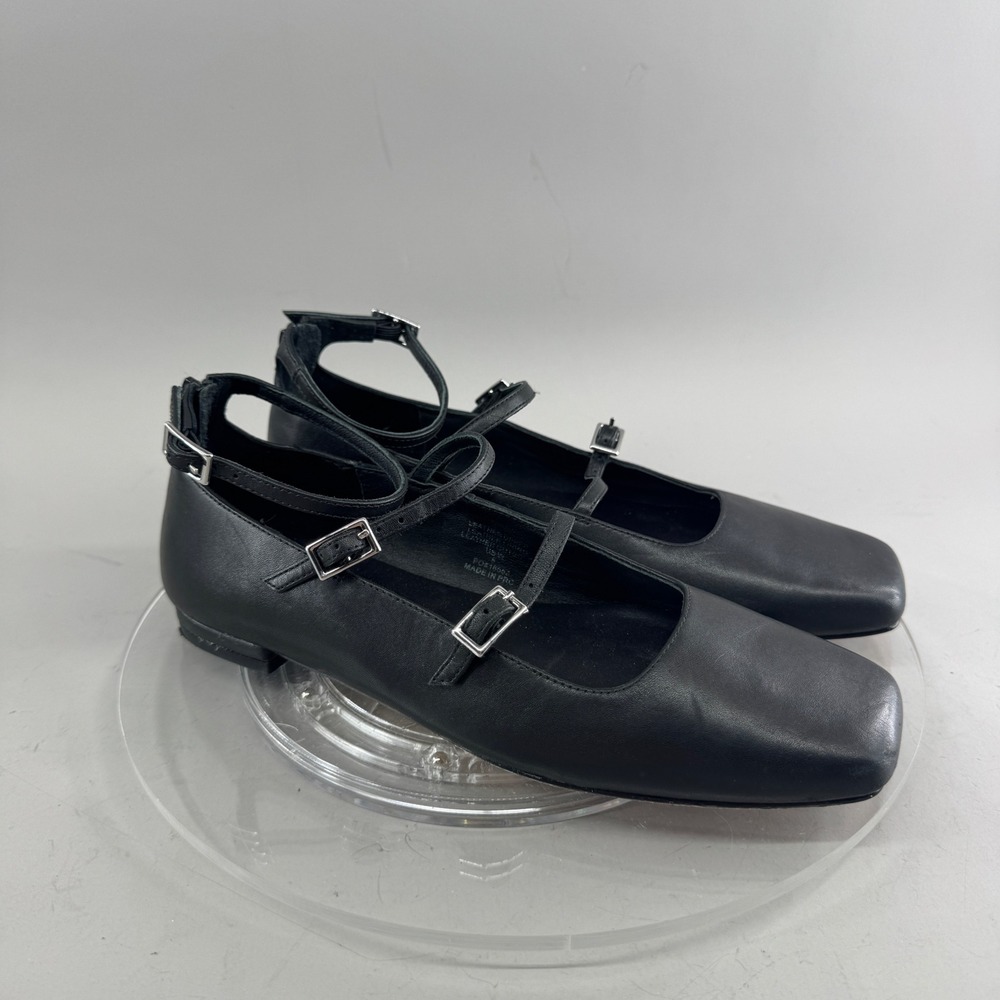 Quince Womens Leather Triple Strap Mary Jane Square Toe Flats Black Size 8
